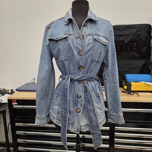 Free People Denim Jean Beltted Jacket Button Down Women's Size Xsmall - Picture 11 of 11